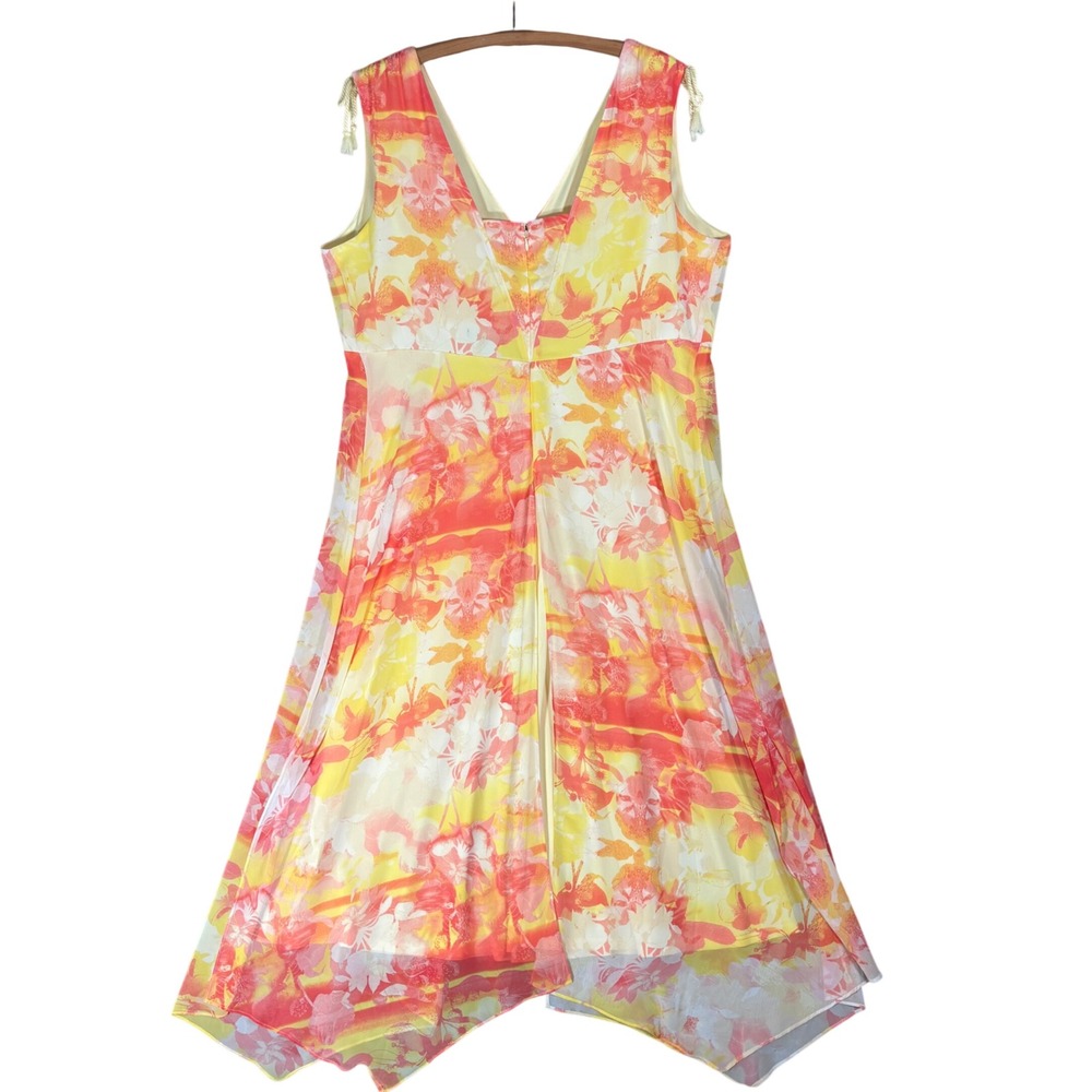 Lane Bryant Womens 18 Floral Handkerchief Hem Maxi Dress Orange Yellow Tassels - Picture 2 of 15
